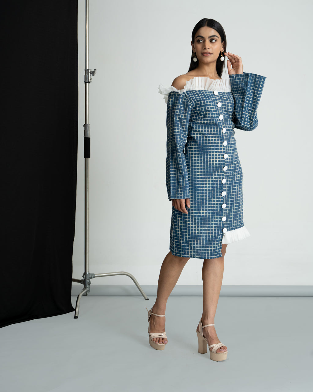 Blue check frill off shoulder dress