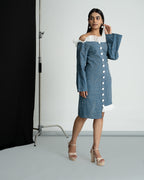Blue check frill off shoulder dress
