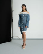 Blue check frill off shoulder dress