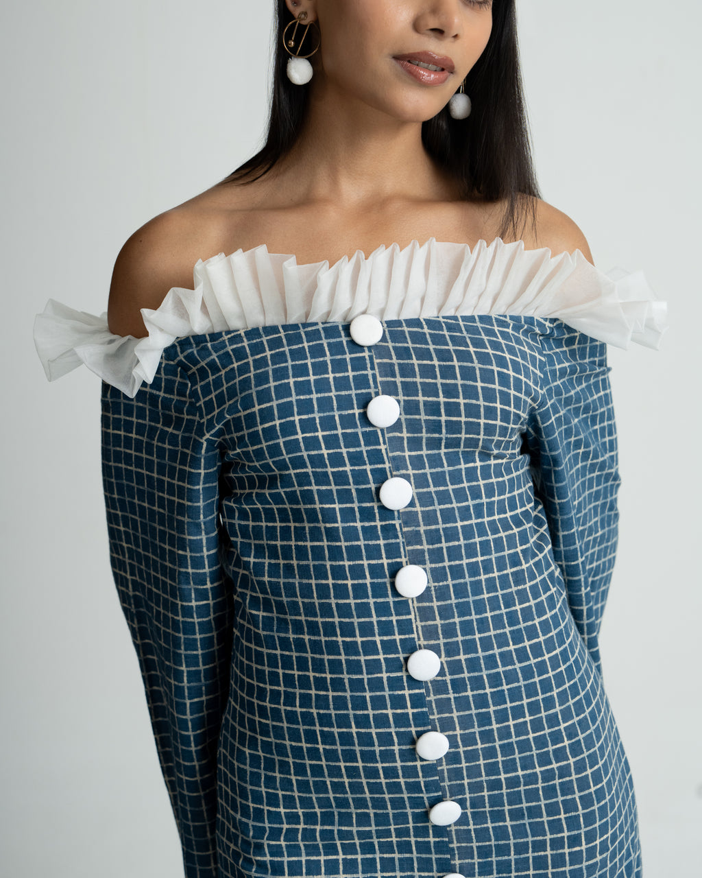 Blue check frill off shoulder dress