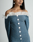 Blue check frill off shoulder dress