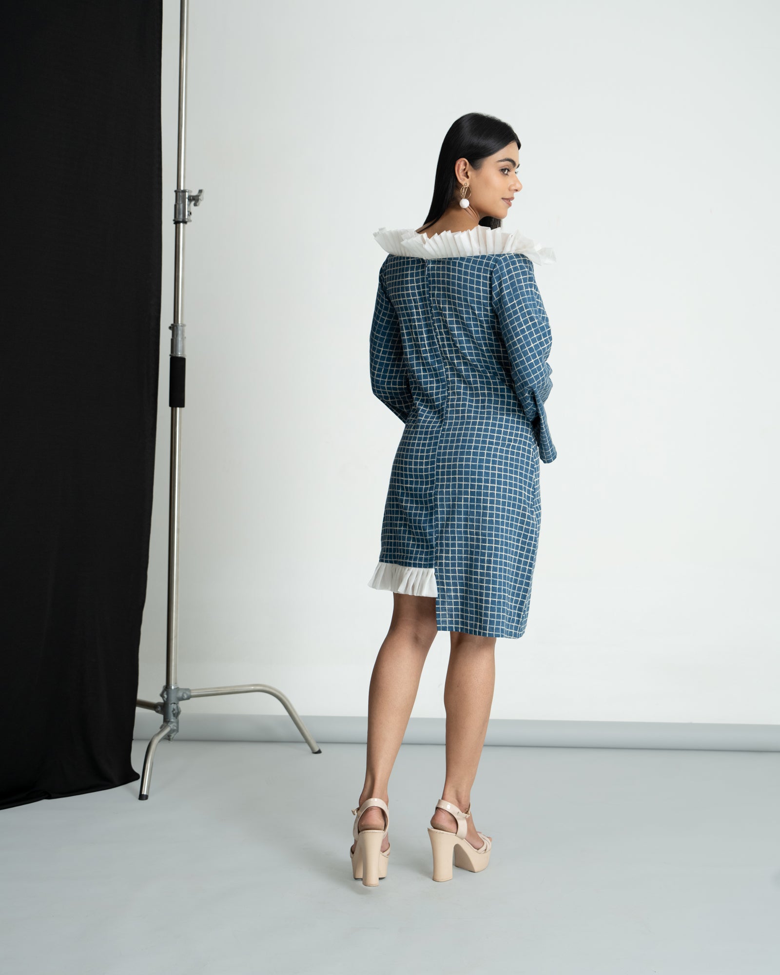 Blue check frill off shoulder dress