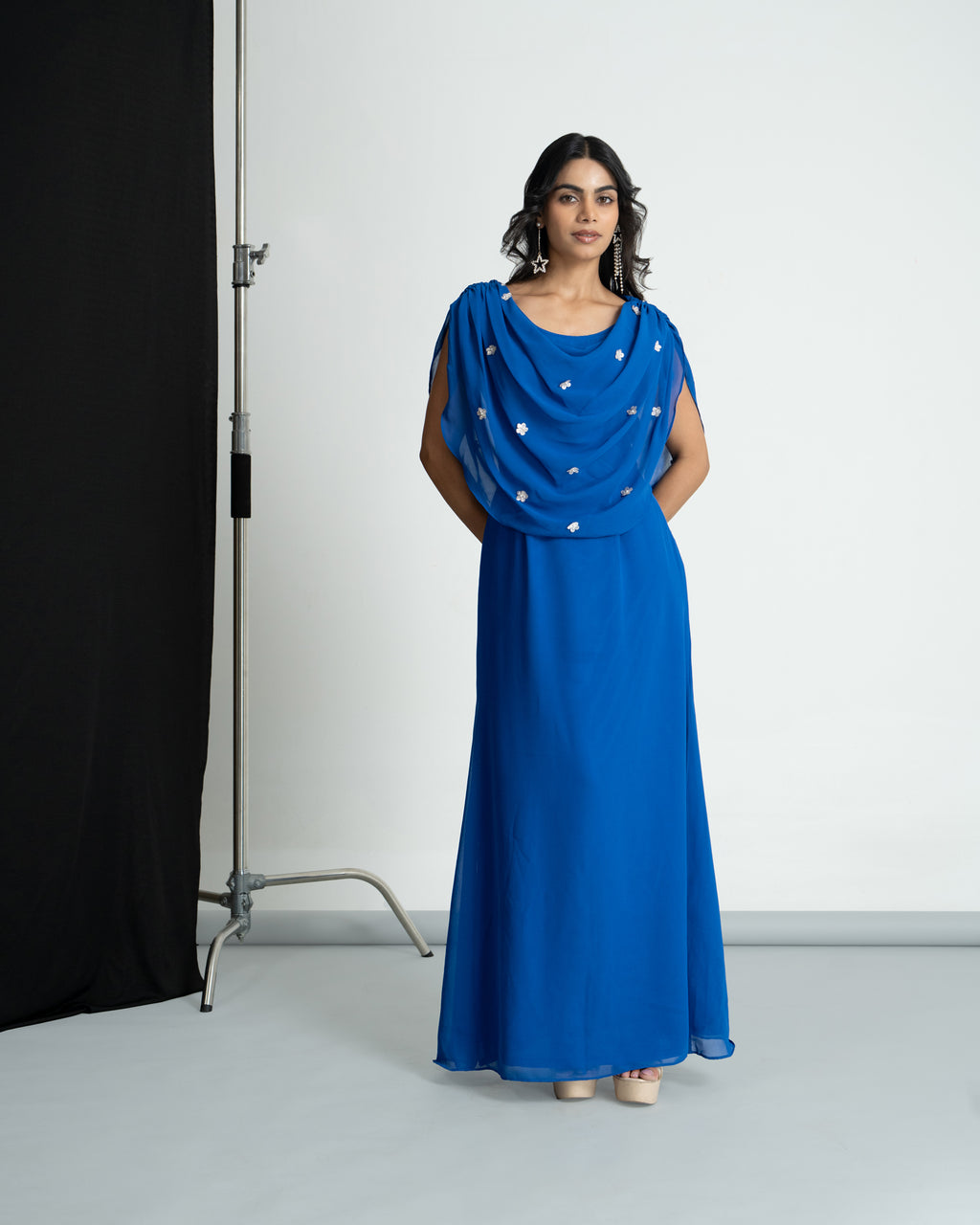Royal blue cowl cape dress