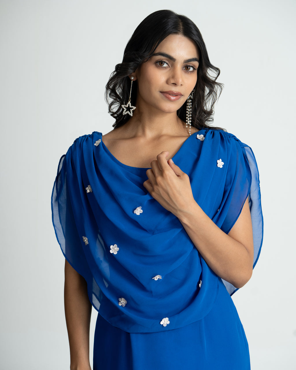 Royal blue cowl cape dress