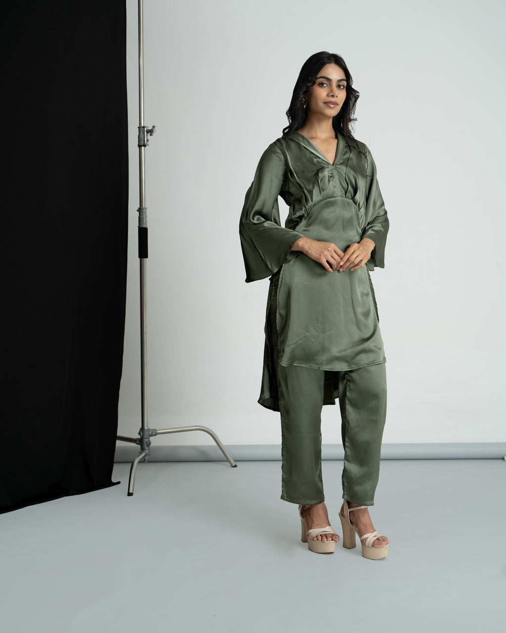 Olive green satin co-ord set