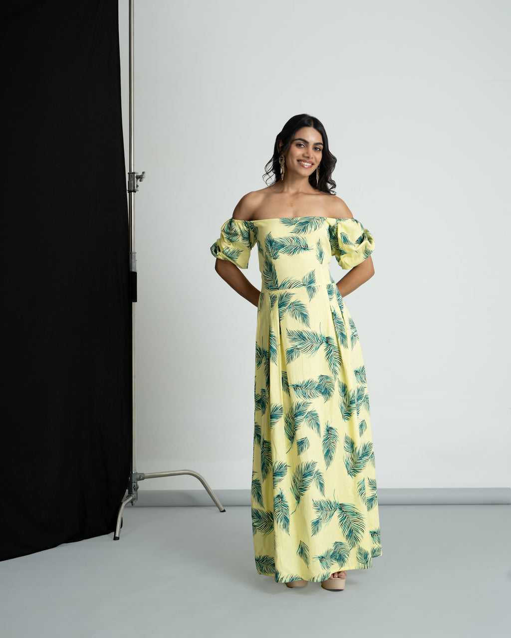 Green leaf printed off shoulder dress