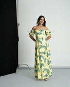 Green leaf printed off shoulder dress