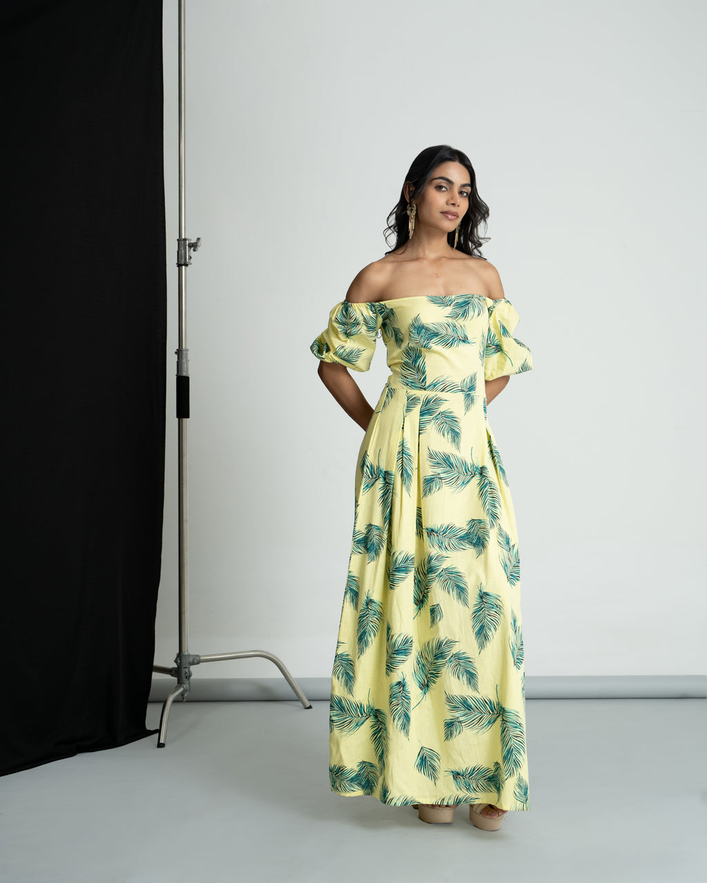 Green leaf printed off shoulder dress