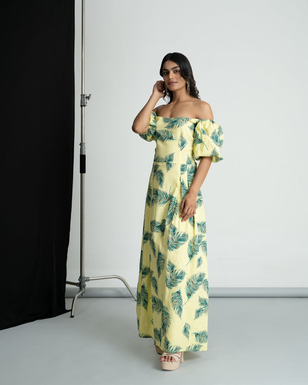 Green leaf printed off shoulder dress