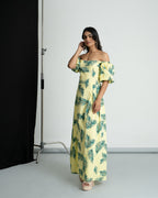 Green leaf printed off shoulder dress