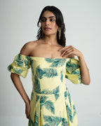 Green leaf printed off shoulder dress