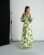 Green leaf printed off shoulder dress