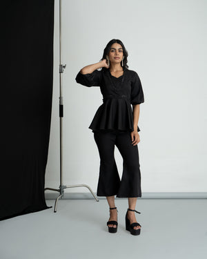 Black peplum co-ord set with culottes