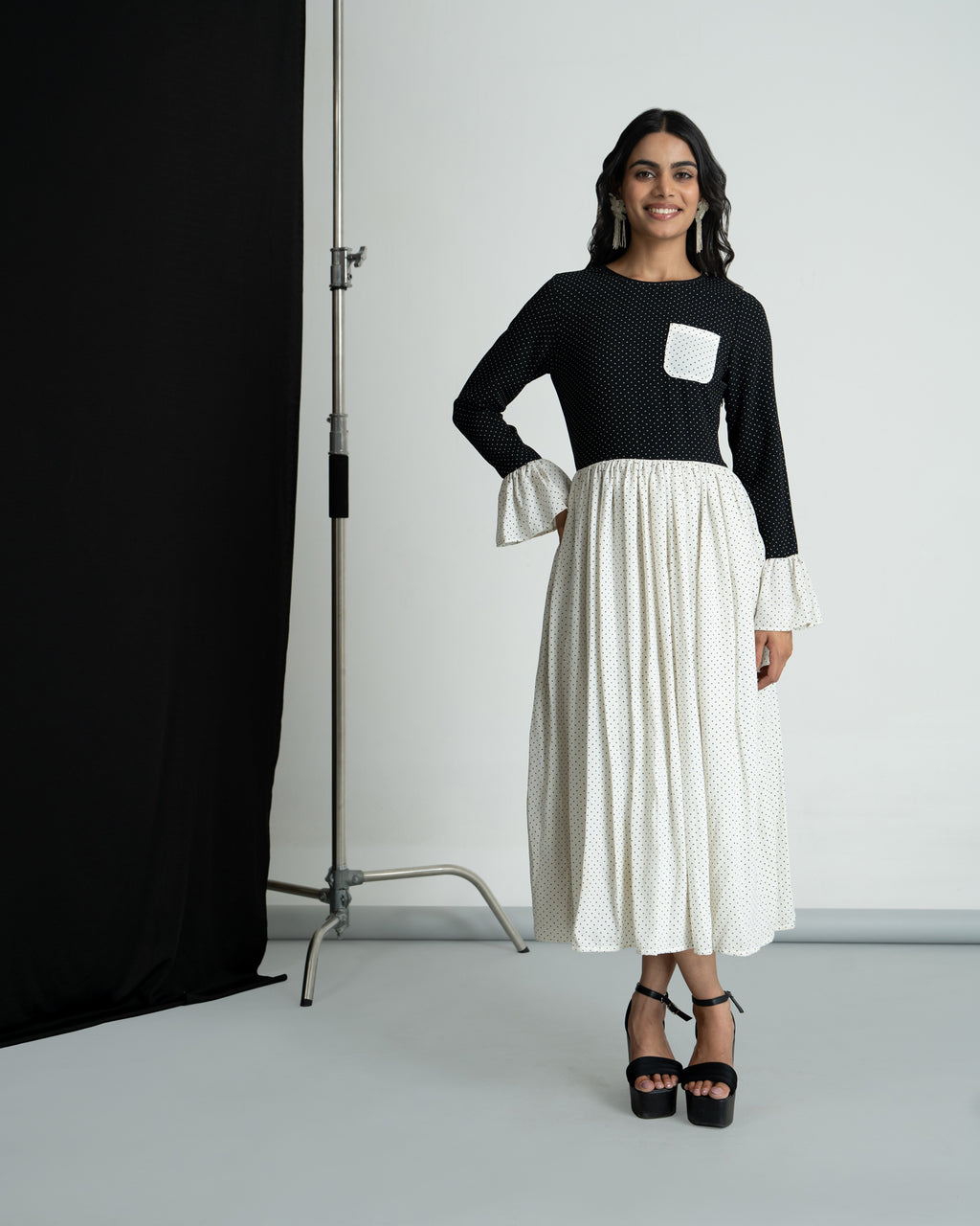 Black & White double georgette polka midi dress