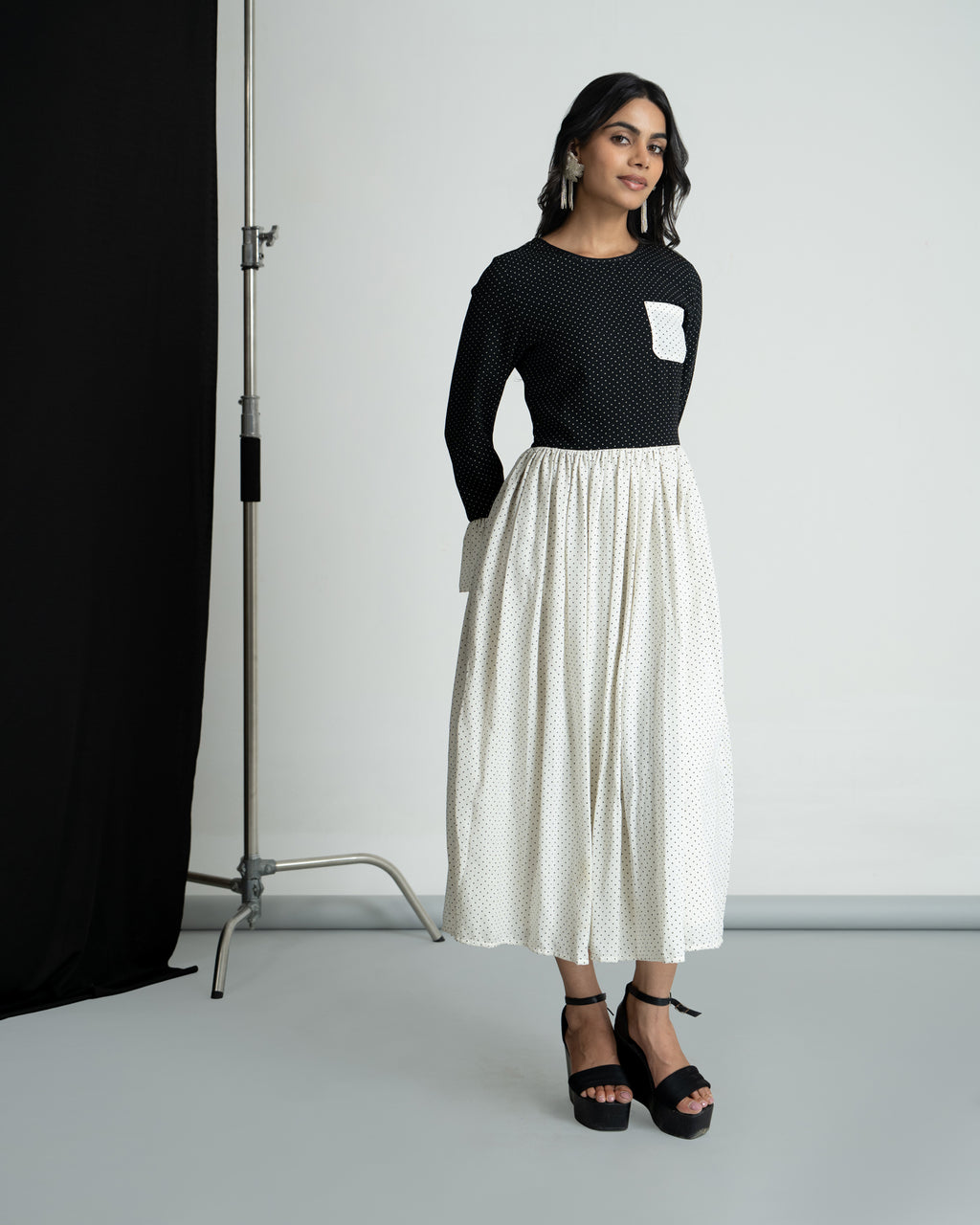 Black & White double georgette polka midi dress