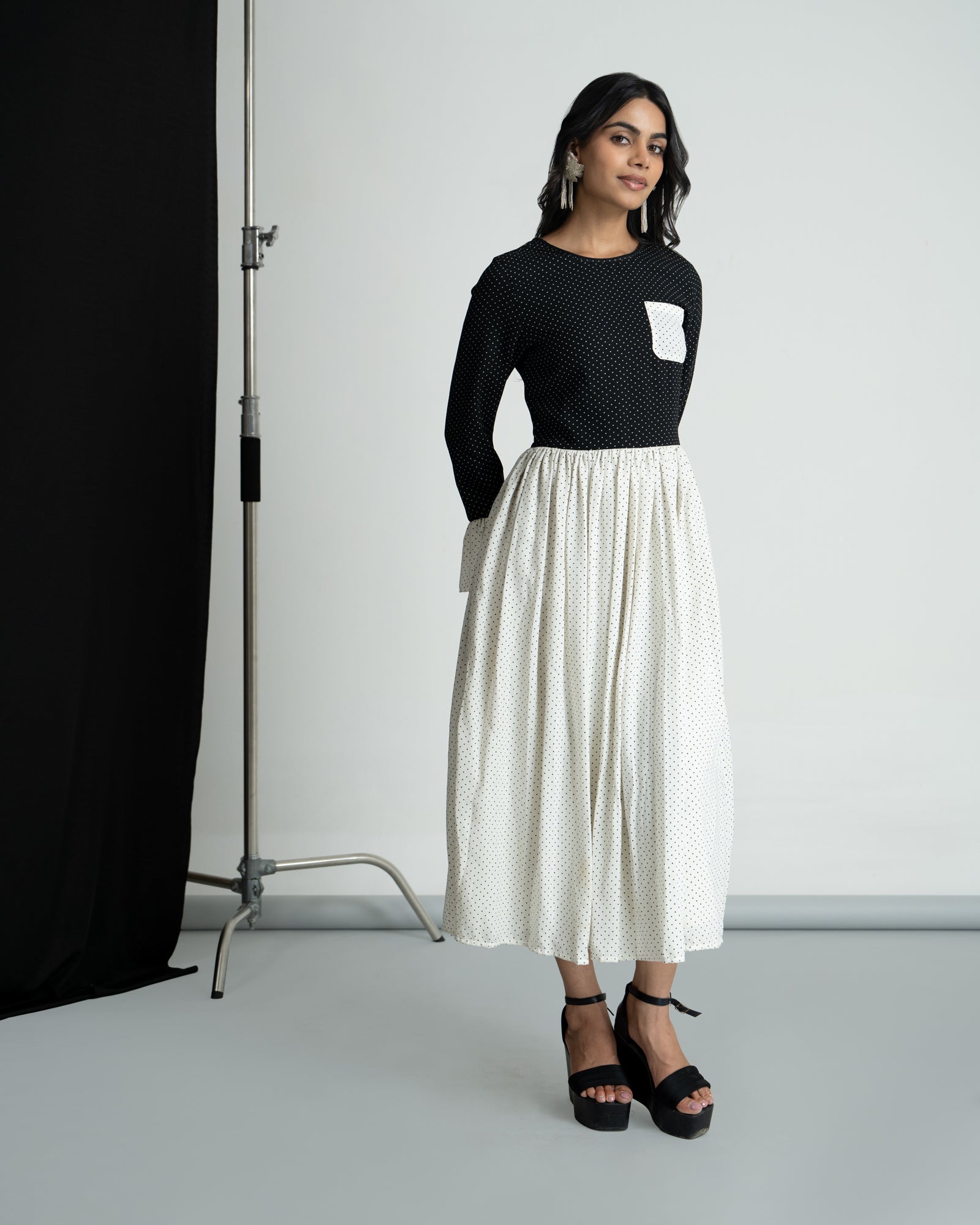 Black & White double georgette polka midi dress