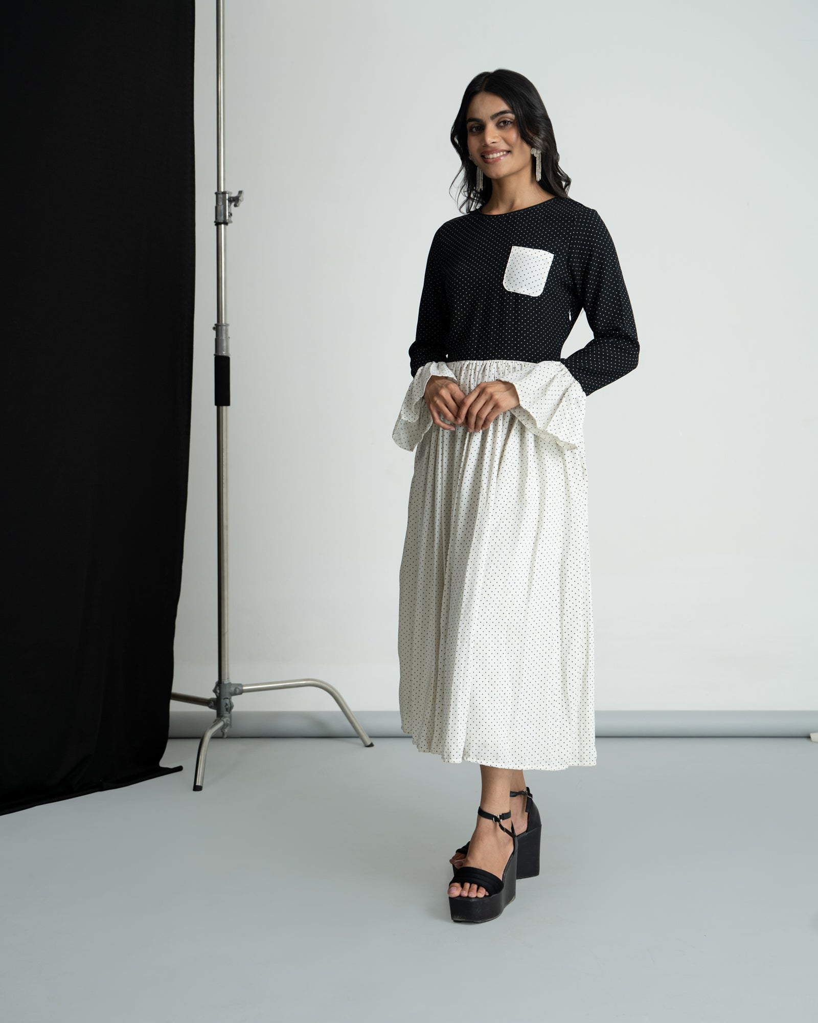 Black & White double georgette polka midi dress