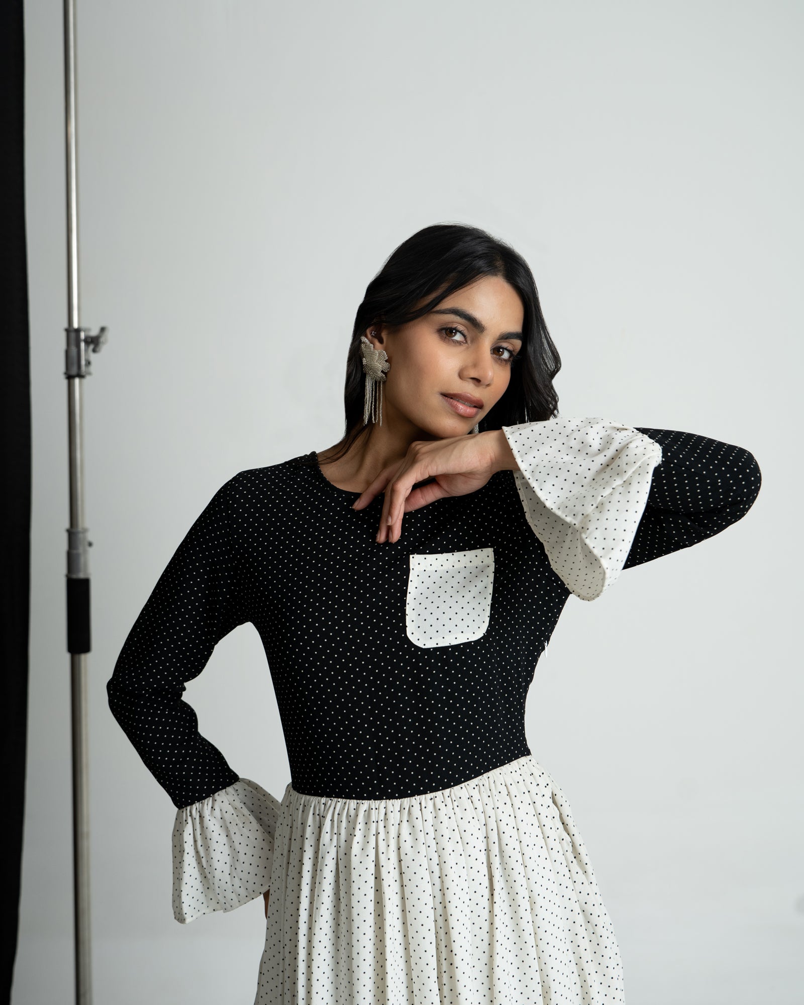 Black & White double georgette polka midi dress