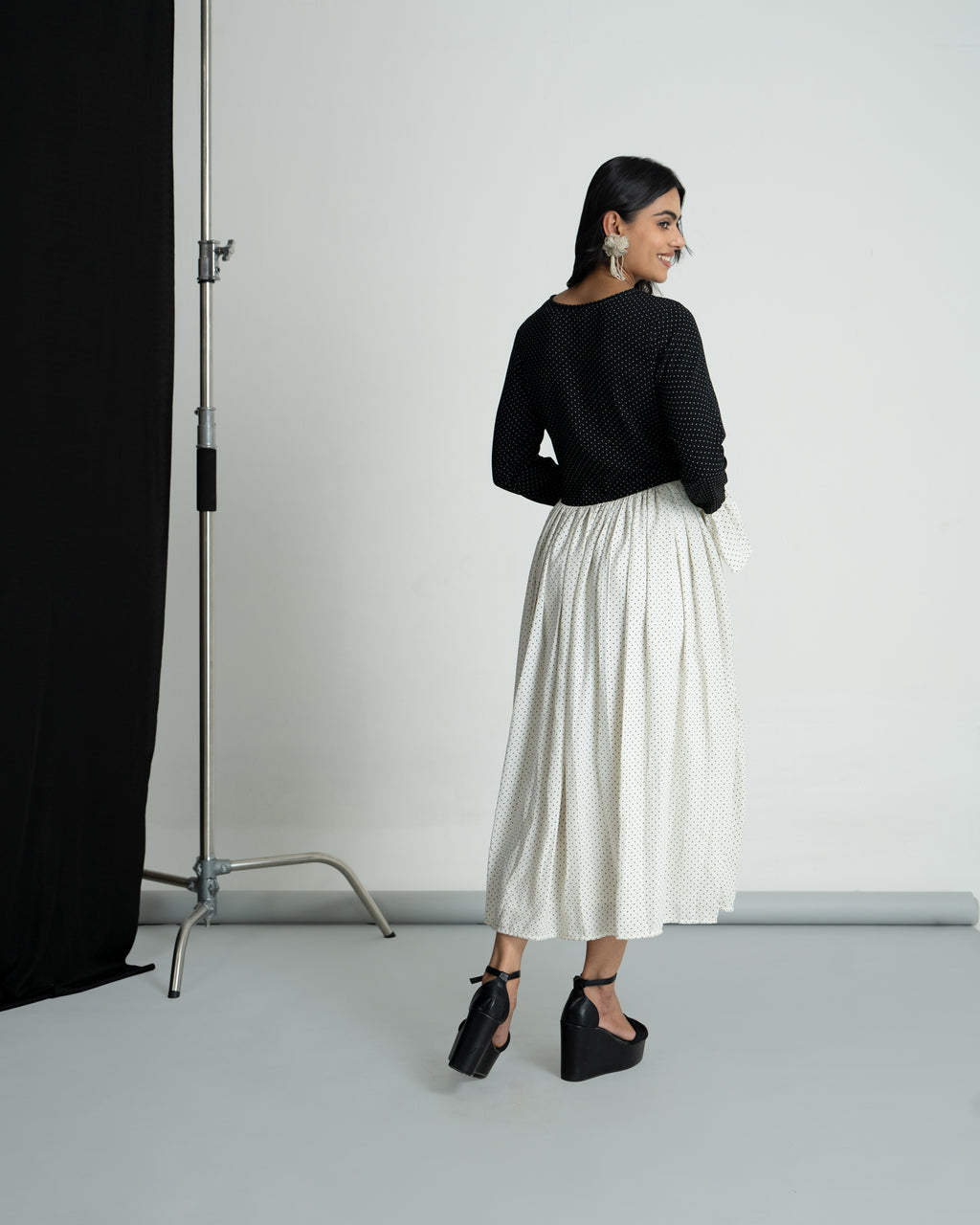 Black & White double georgette polka midi dress