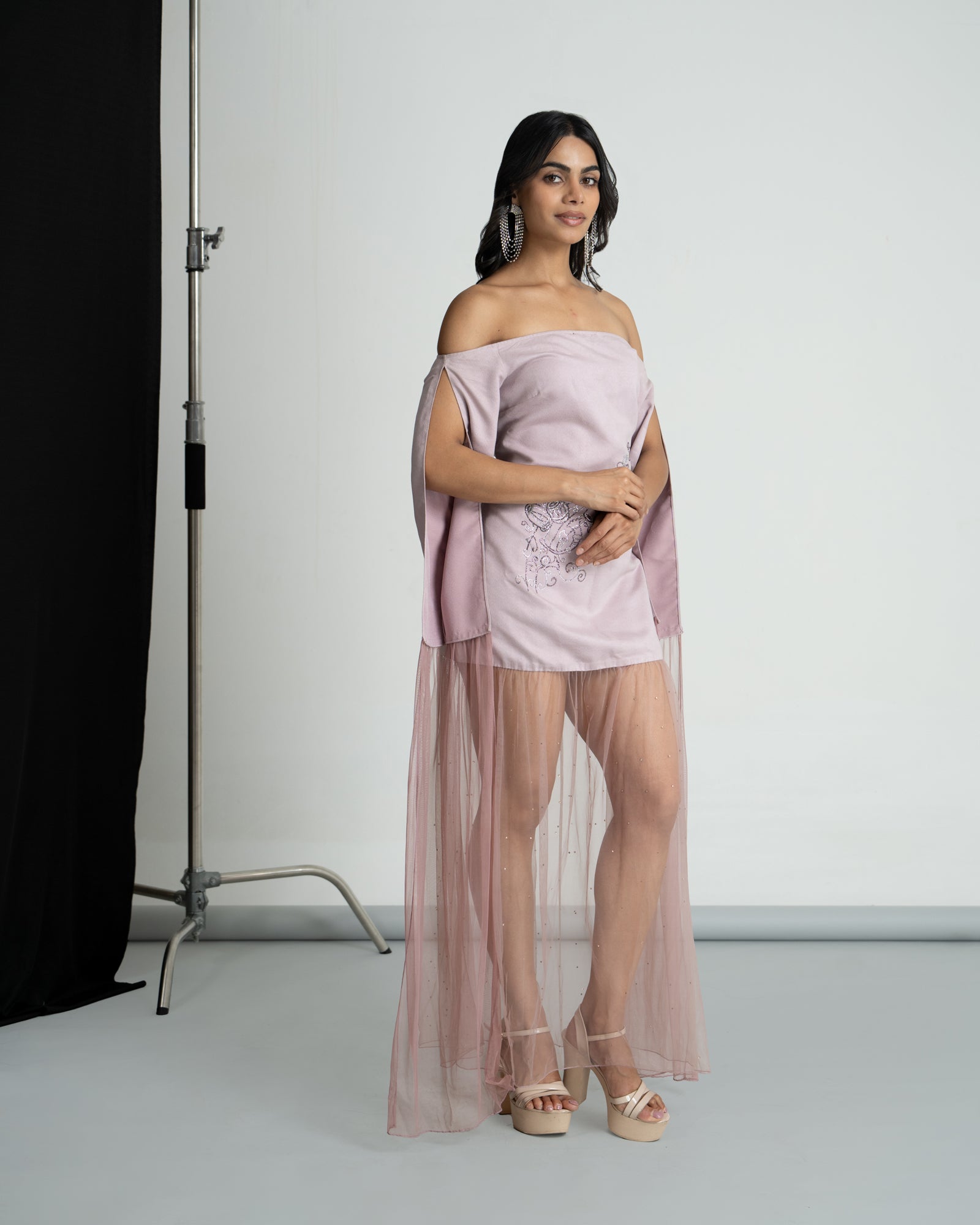 Lilac off shoulder dress with hand work