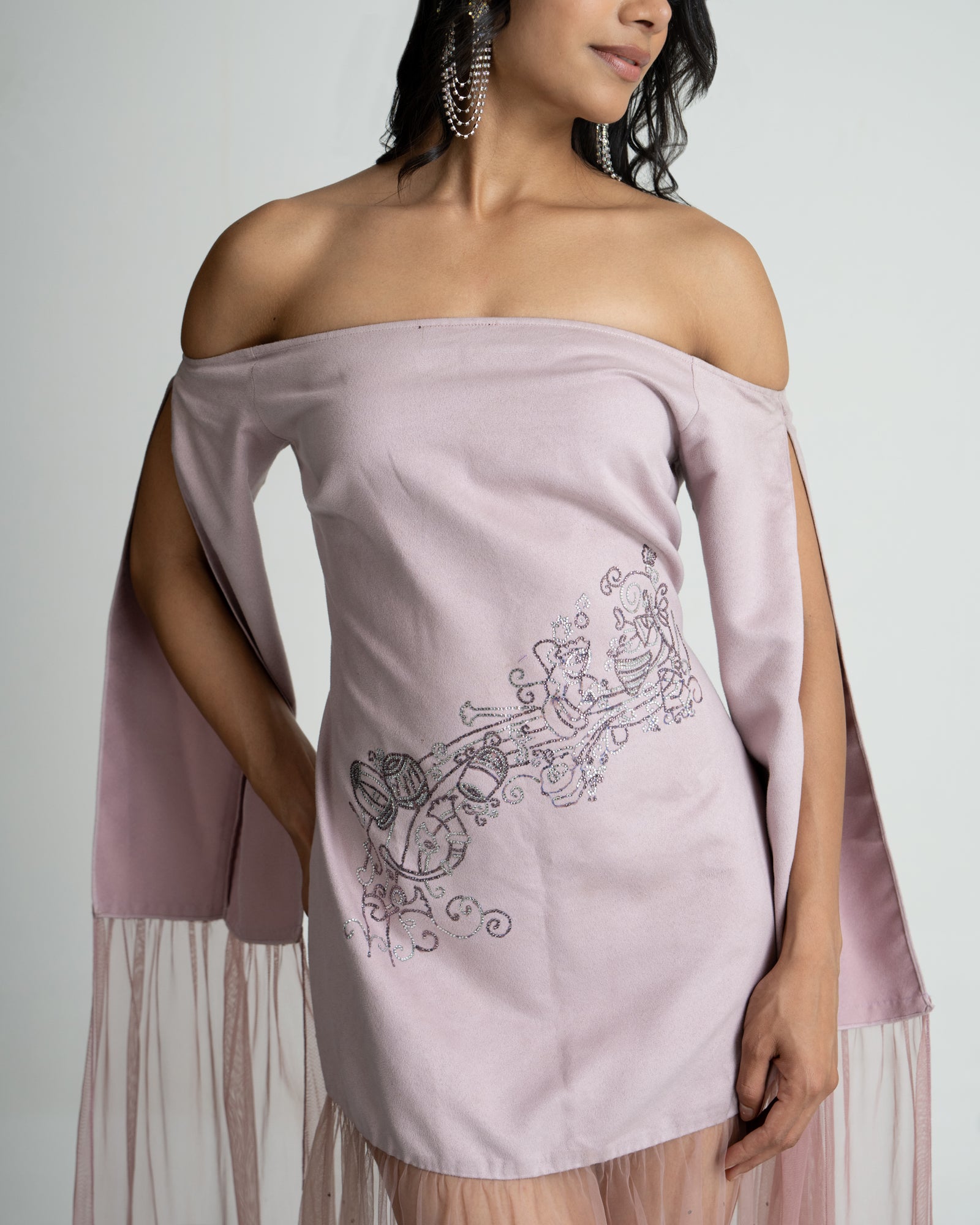 Lilac off shoulder dress with hand work