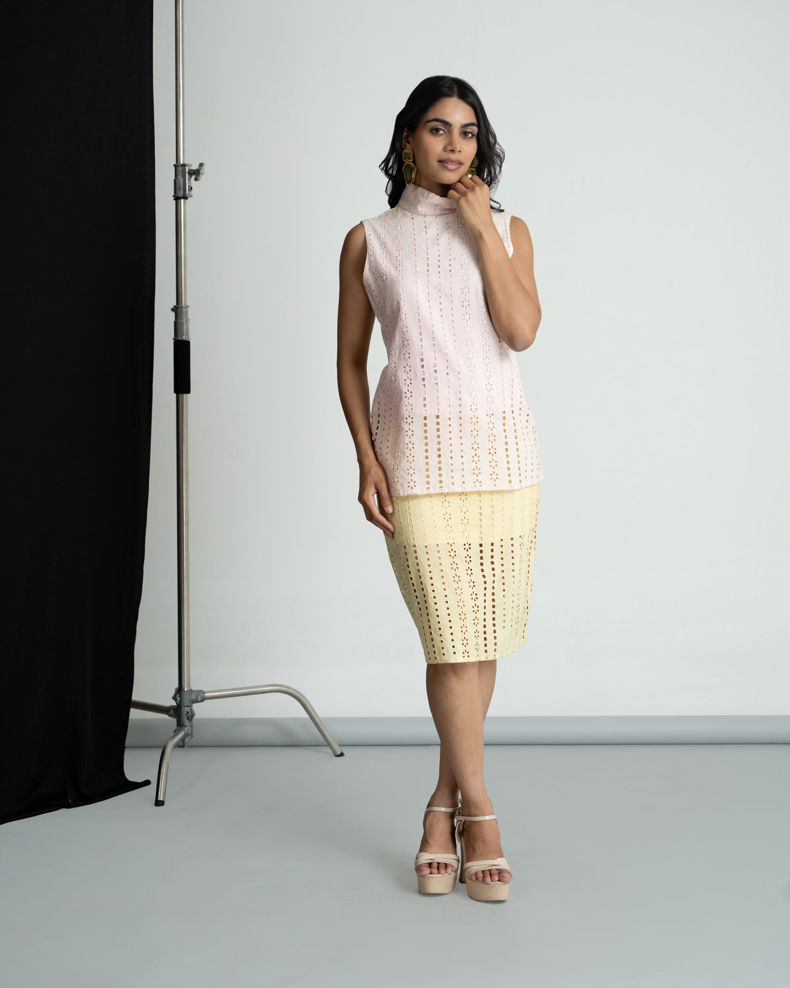 Cotton schiffli skirt top set