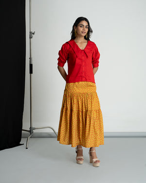 Red Shirt with Polka Flared Skirt