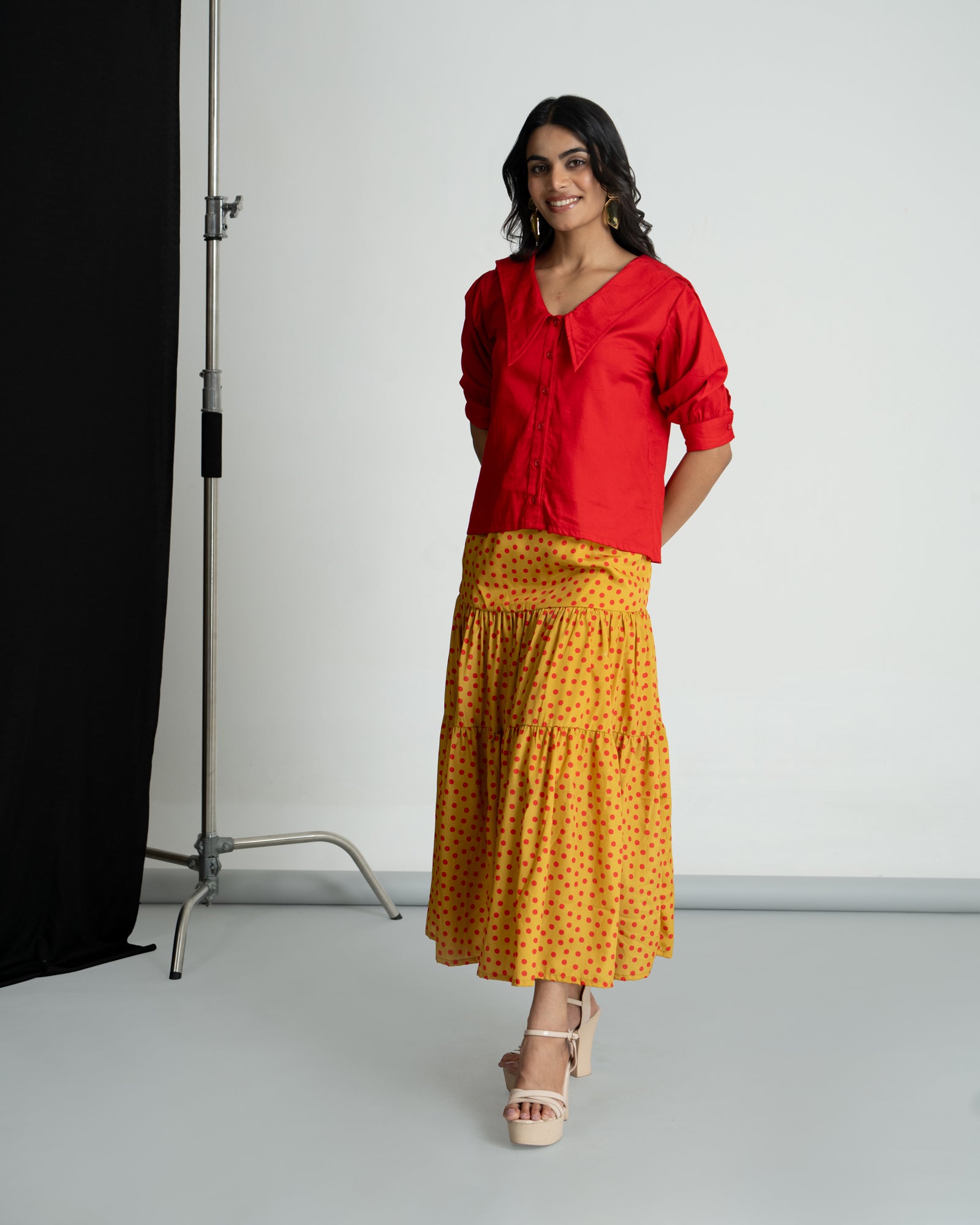 Red Shirt with Polka Flared Skirt