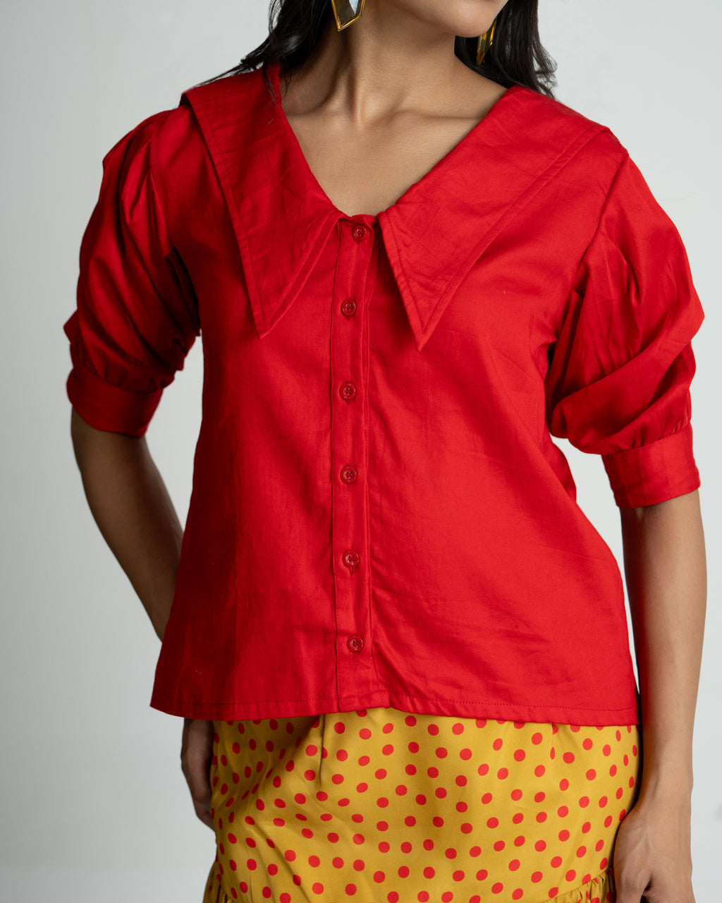 Red Shirt with Polka Flared Skirt