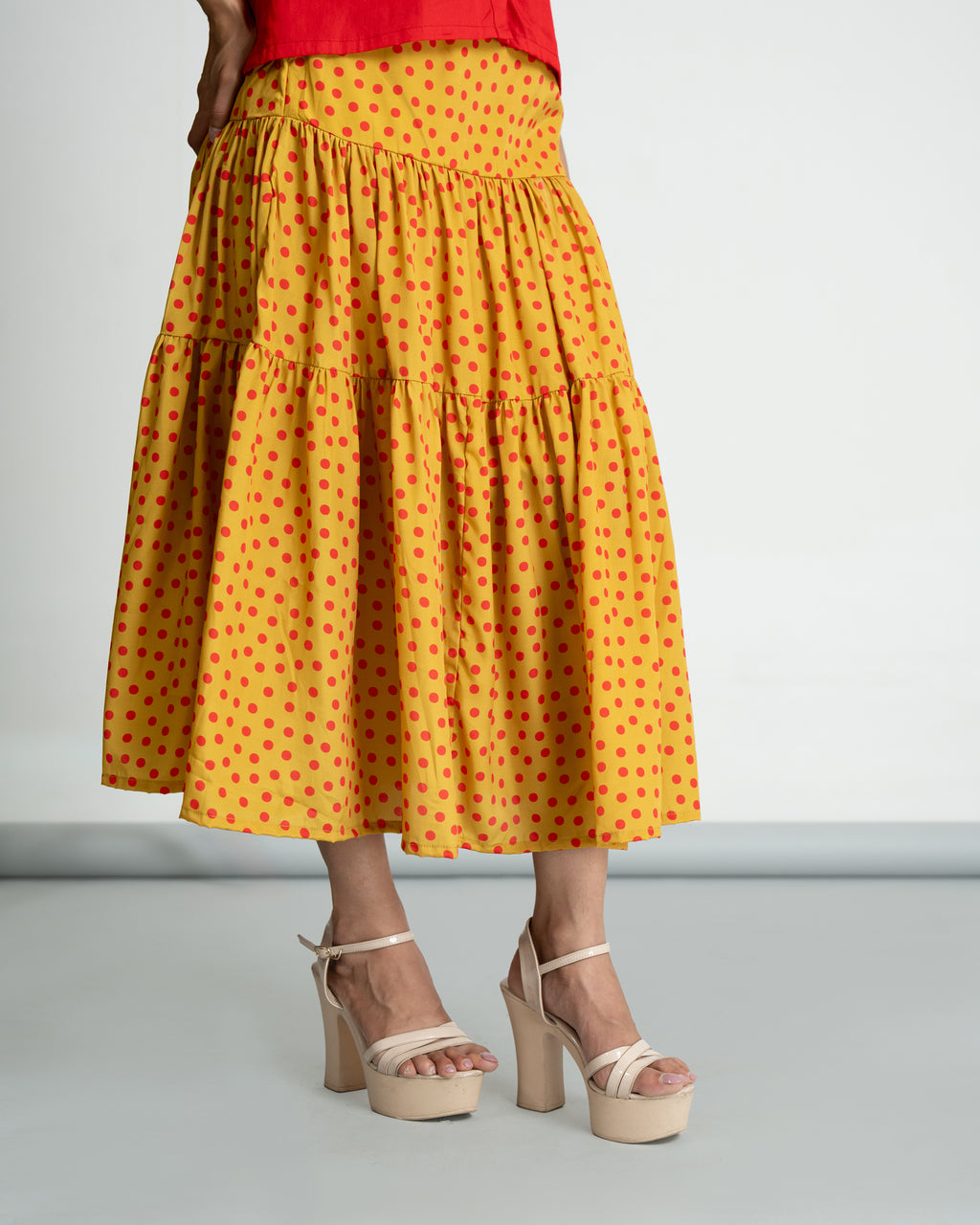 Red Shirt with Polka Flared Skirt