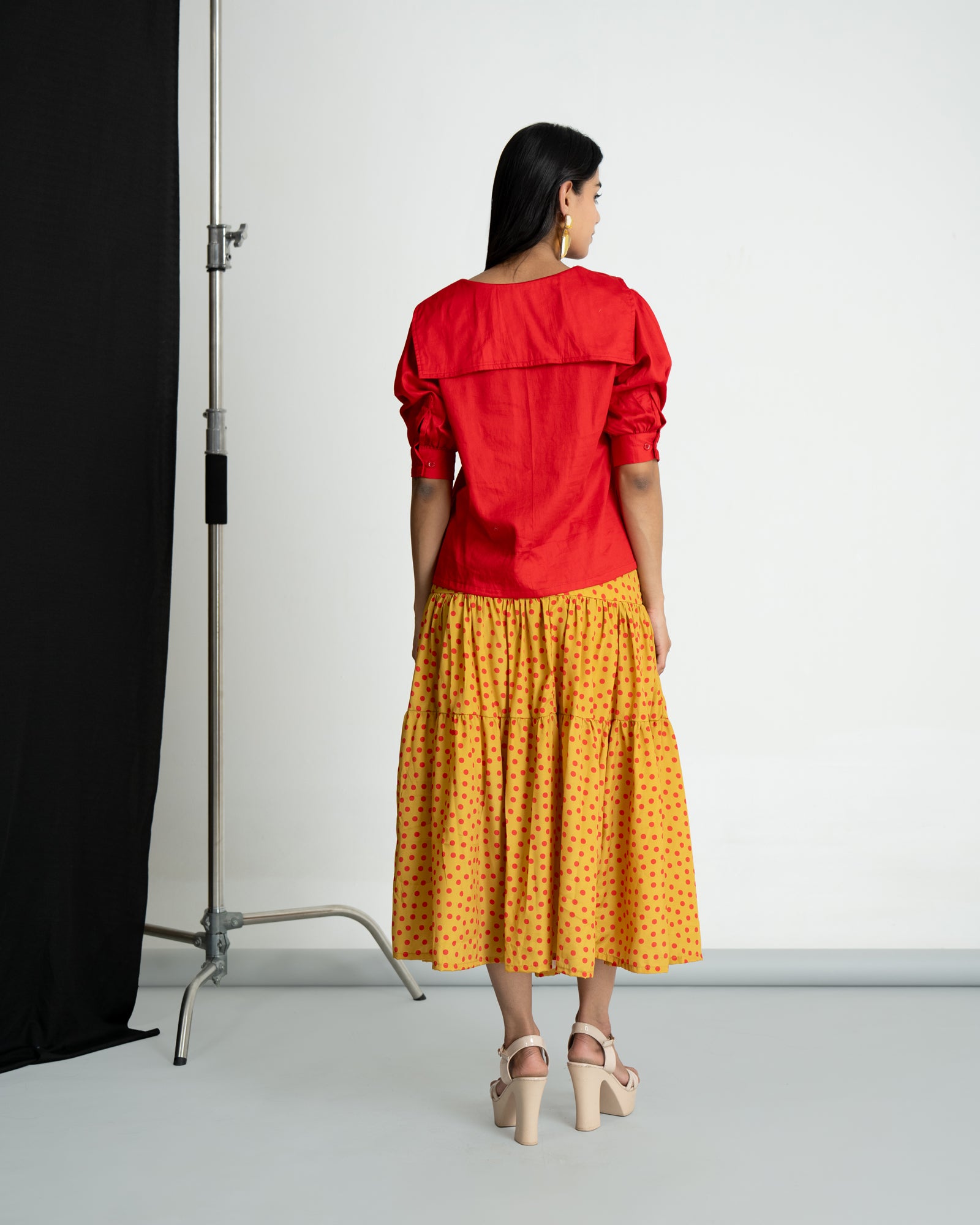 Red Shirt with Polka Flared Skirt
