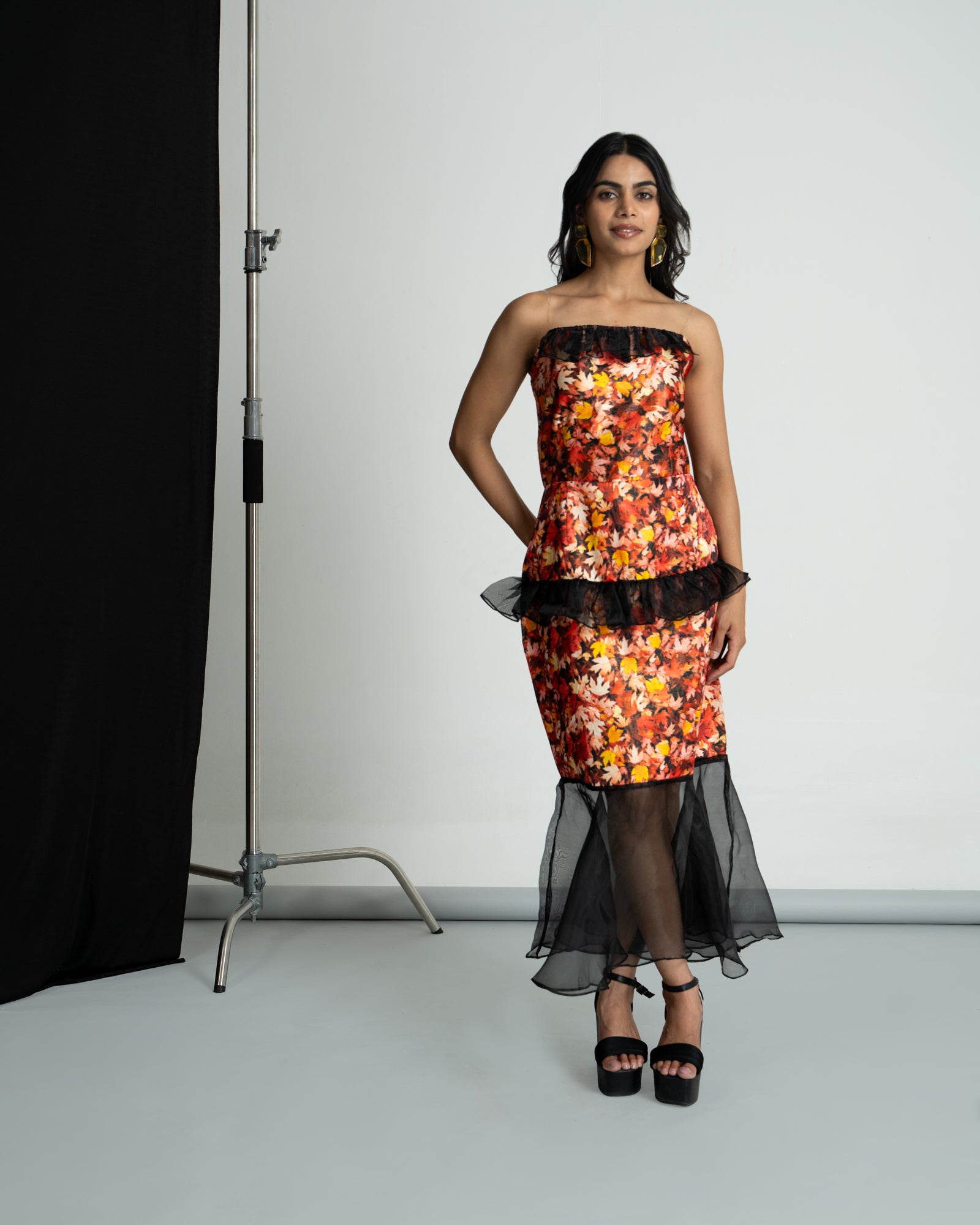 Red printed frilled tube dress