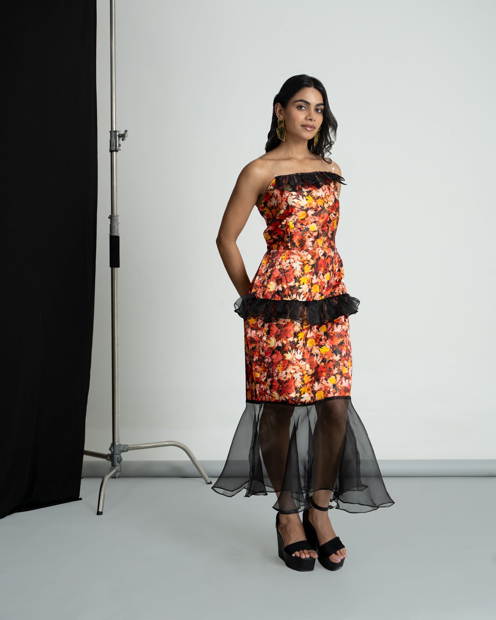 Red printed frilled tube dress