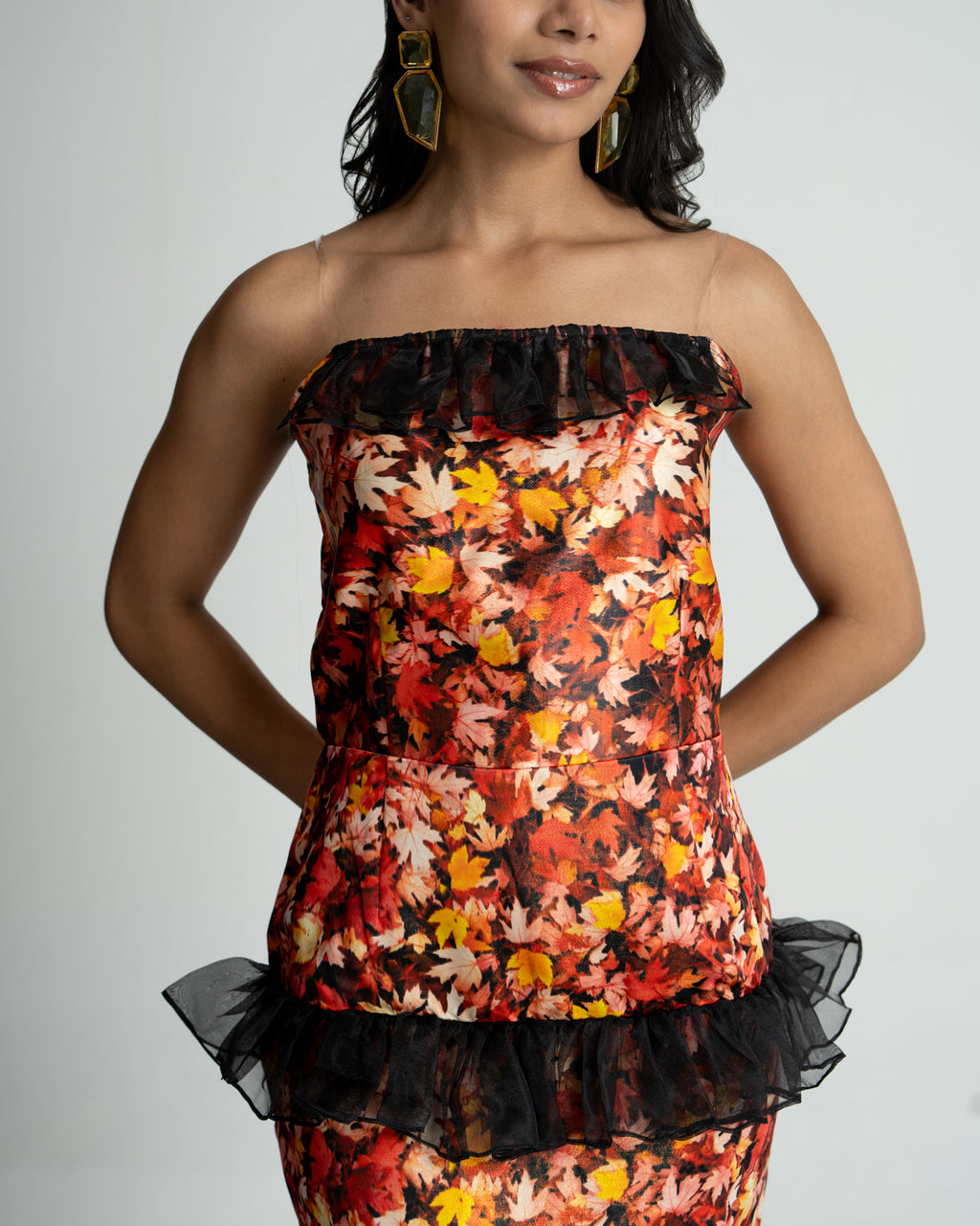 Red printed frilled tube dress