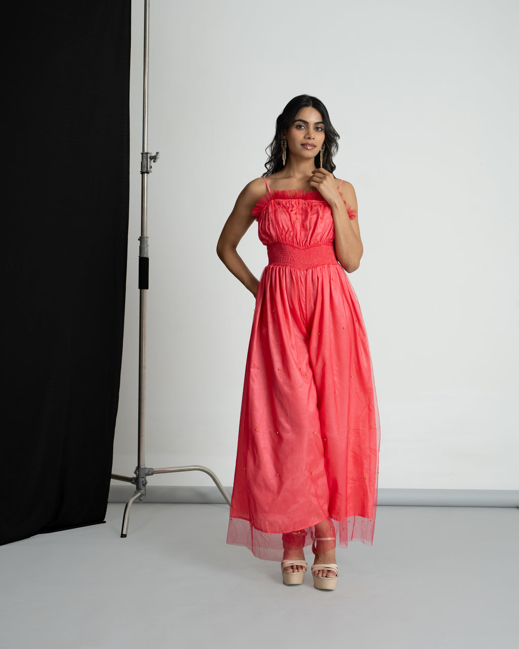 Pink Net Smocking Jumpsuit