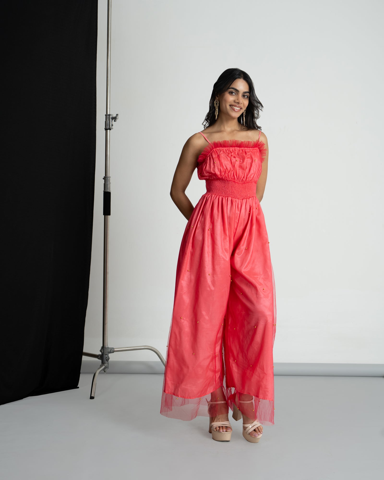 Pink Net Smocking Jumpsuit