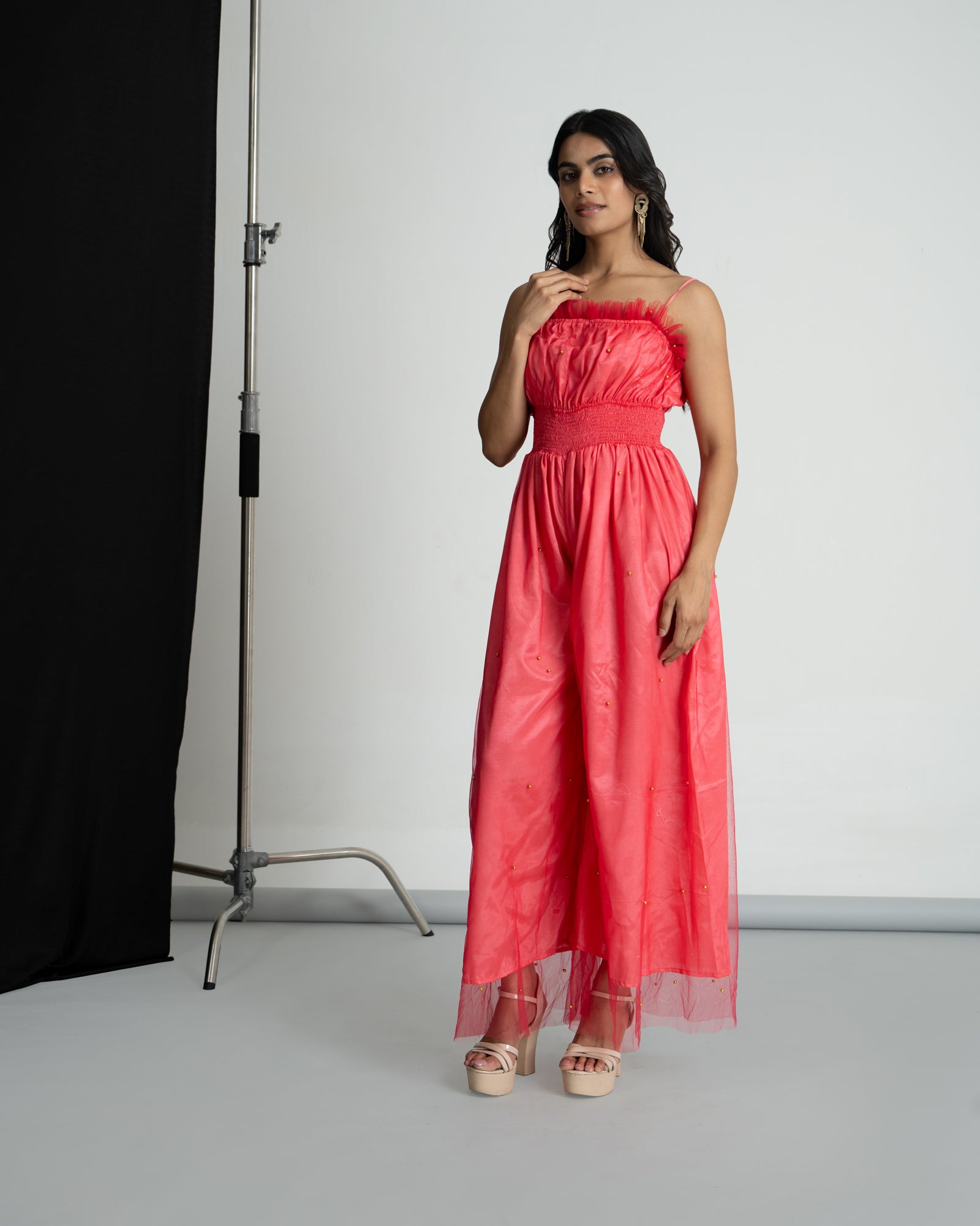 Pink Net Smocking Jumpsuit