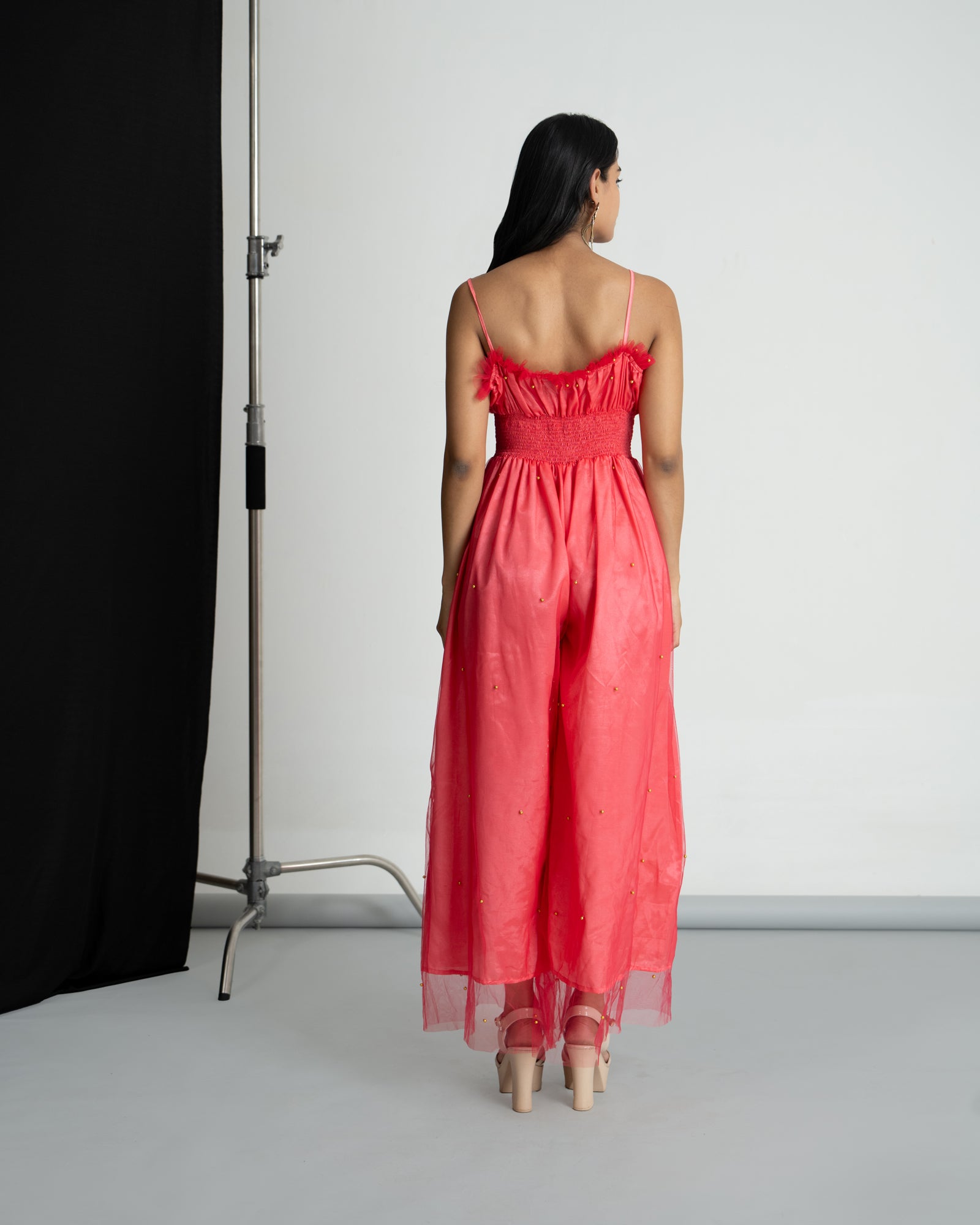 Pink Net Smocking Jumpsuit
