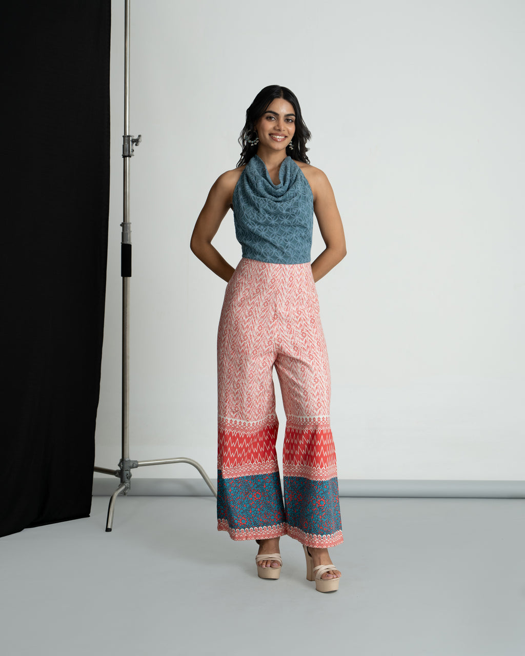 Red & Teal Blue Halter Neck Jumpsuit