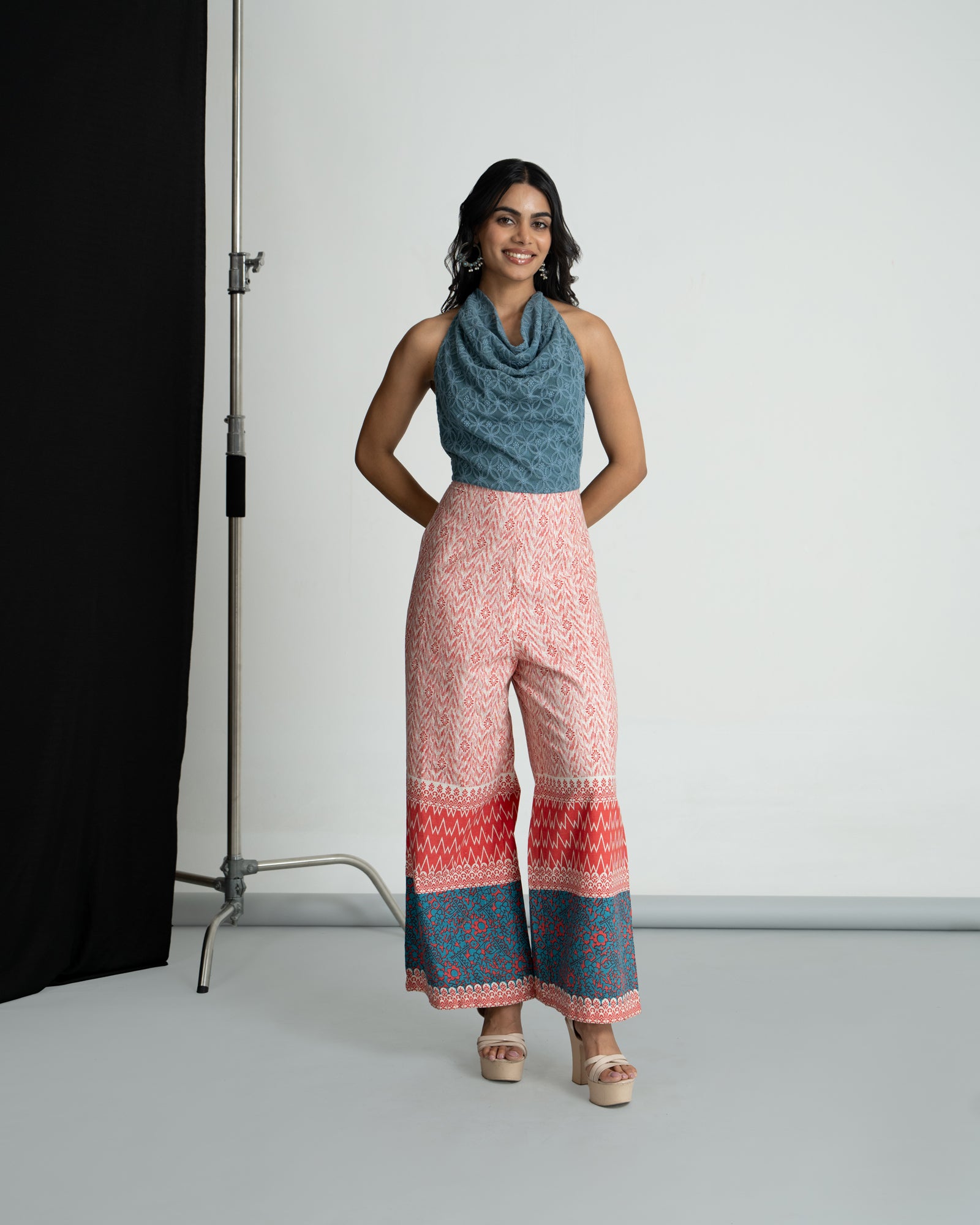 Red & Teal Blue Halter Neck Jumpsuit