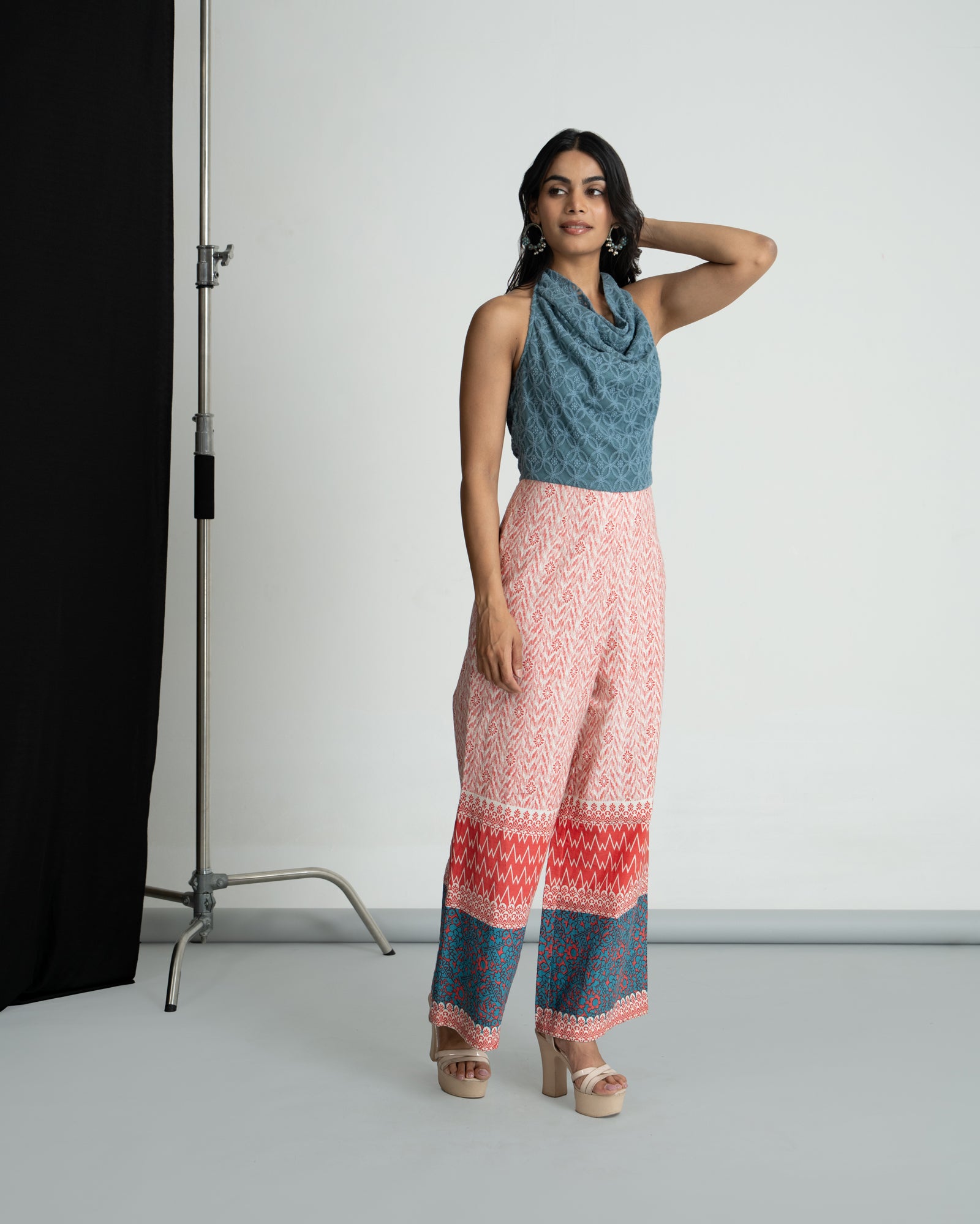 Red & Teal Blue Halter Neck Jumpsuit