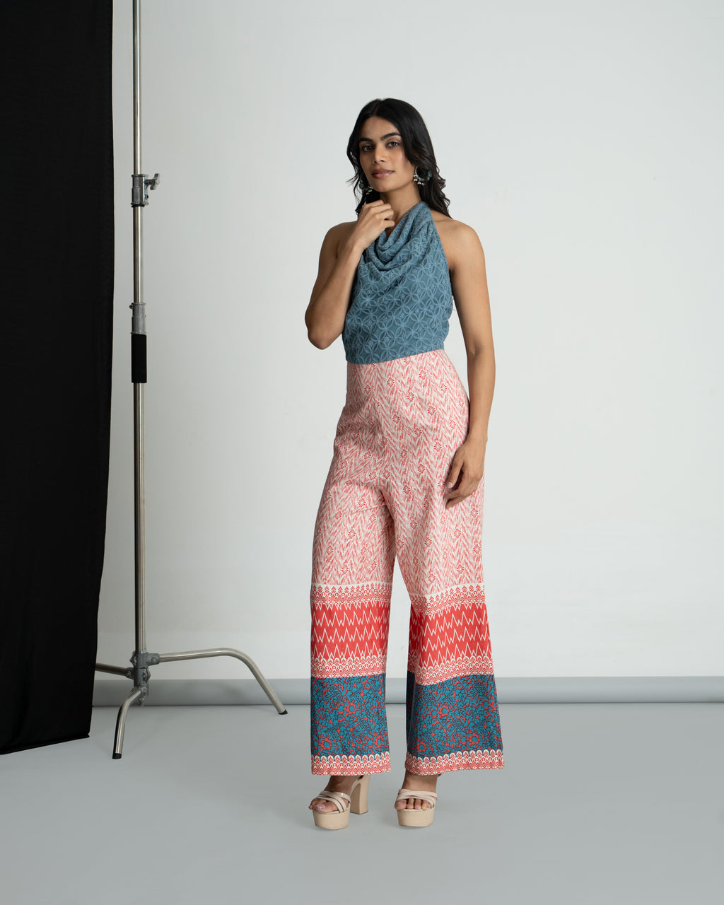 Red & Teal Blue Halter Neck Jumpsuit