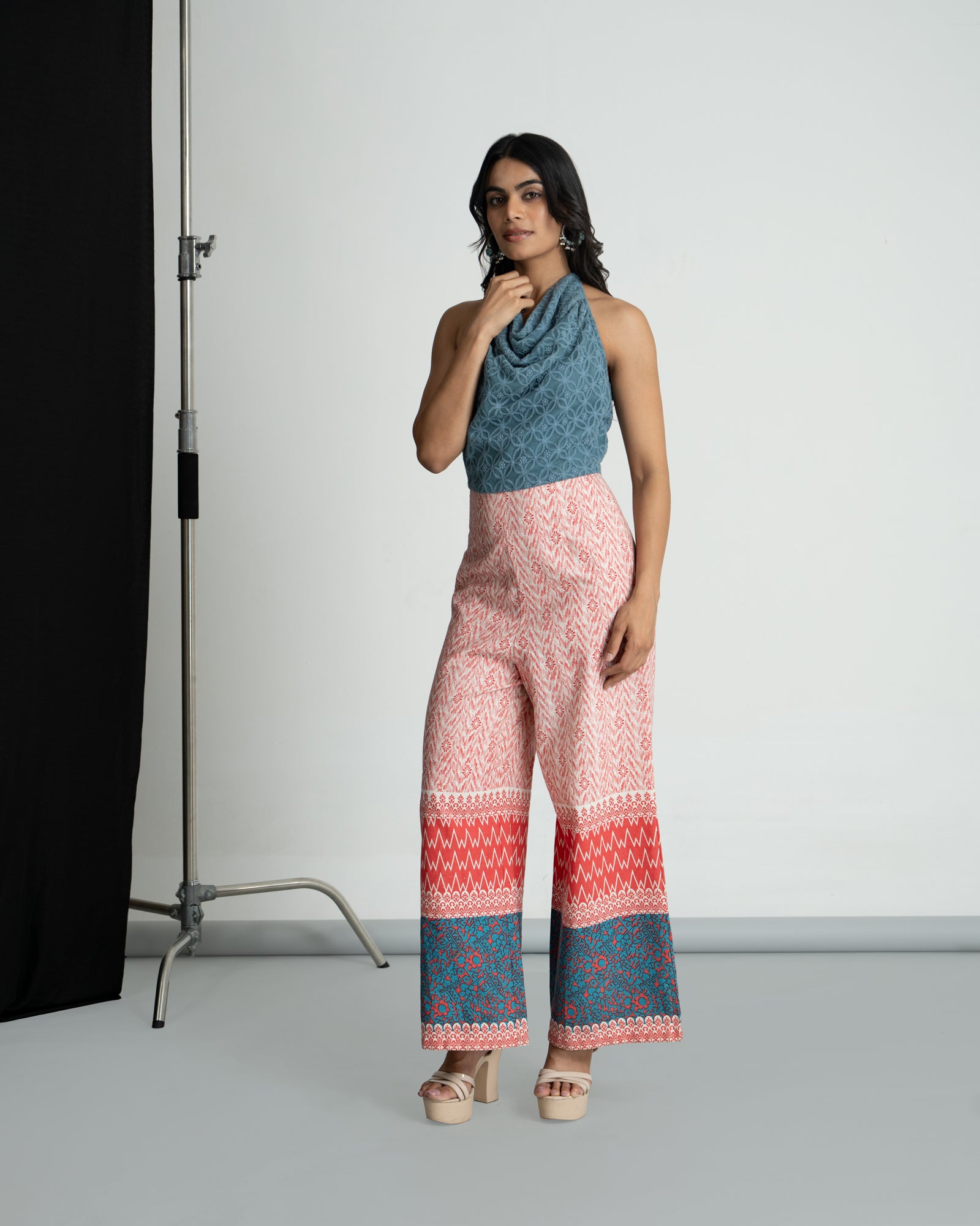 Red & Teal Blue Halter Neck Jumpsuit
