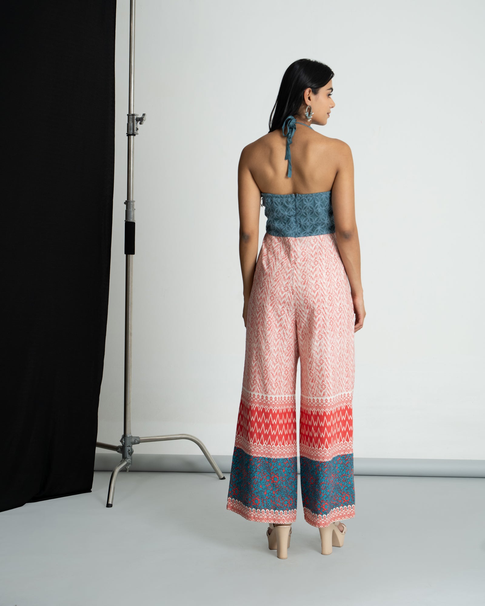 Red & Teal Blue Halter Neck Jumpsuit