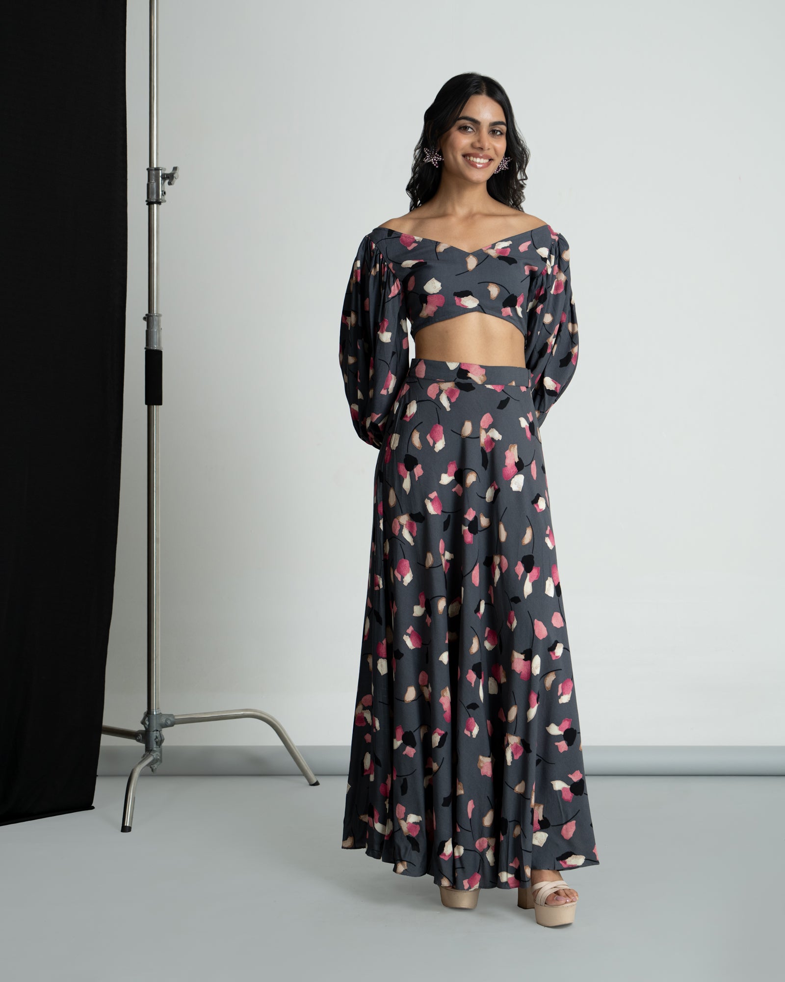 Grey Printed Skirt Top Set