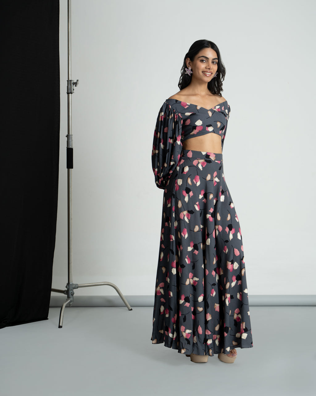 Grey Printed Skirt Top Set