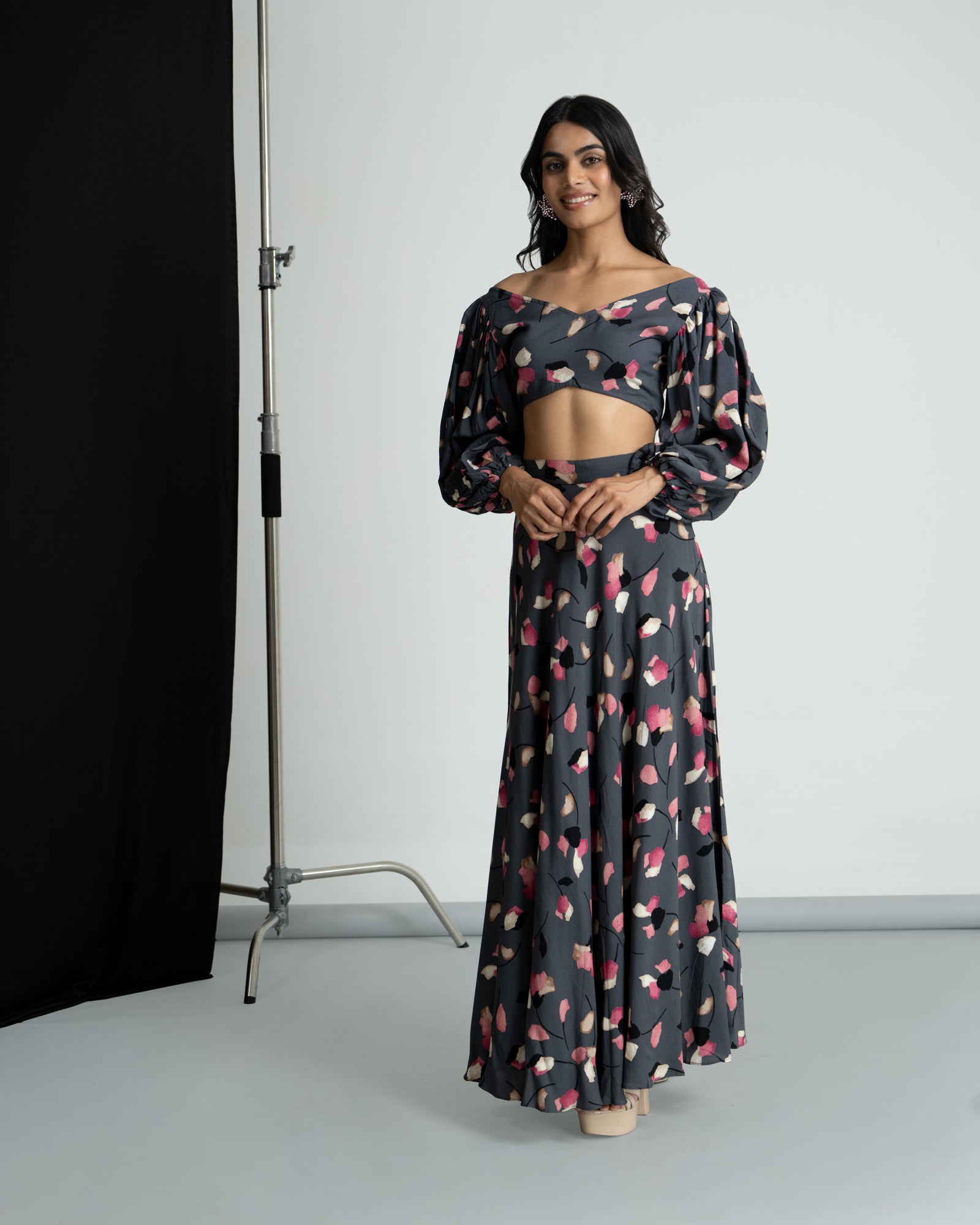 Grey Printed Skirt Top Set
