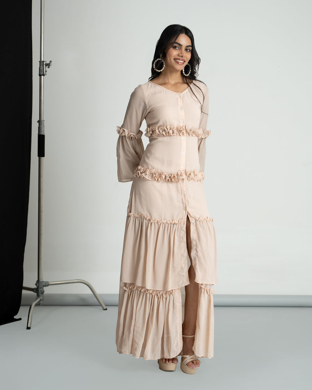 Peach georgette frill maxi dress