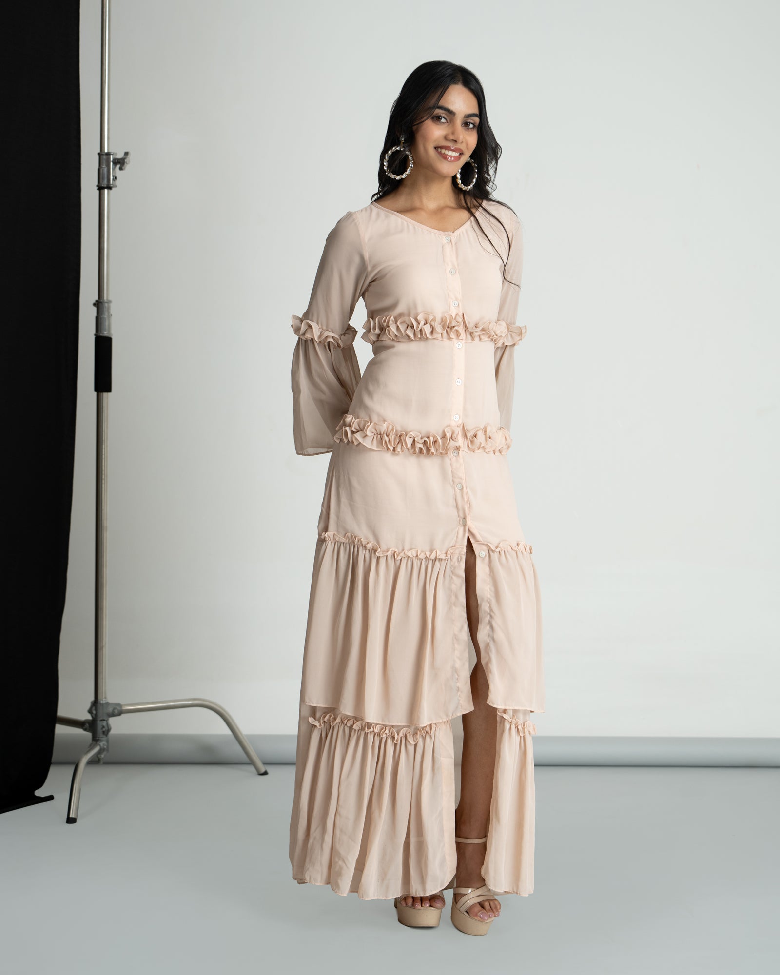 Peach georgette frill maxi dress