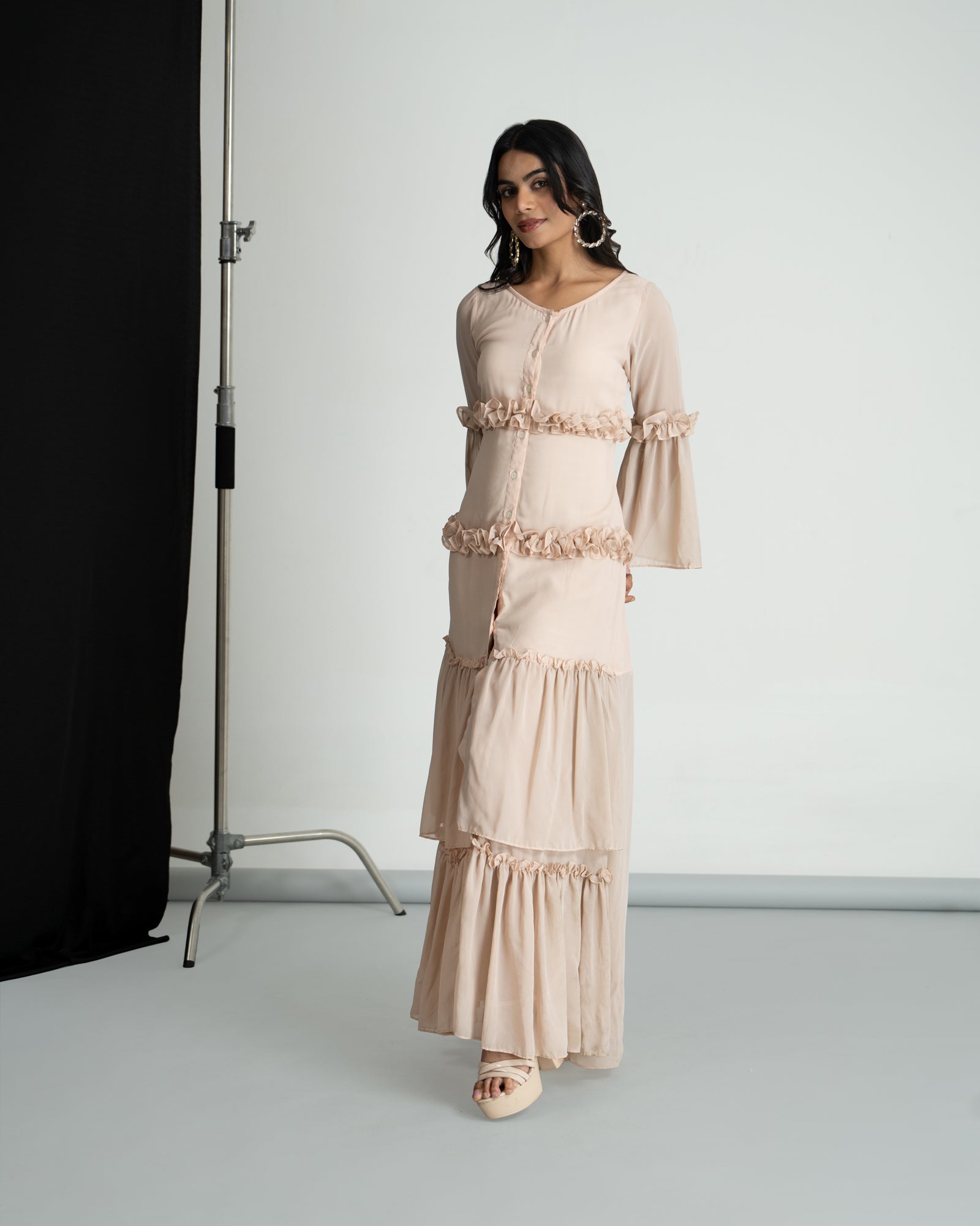 Peach georgette frill maxi dress